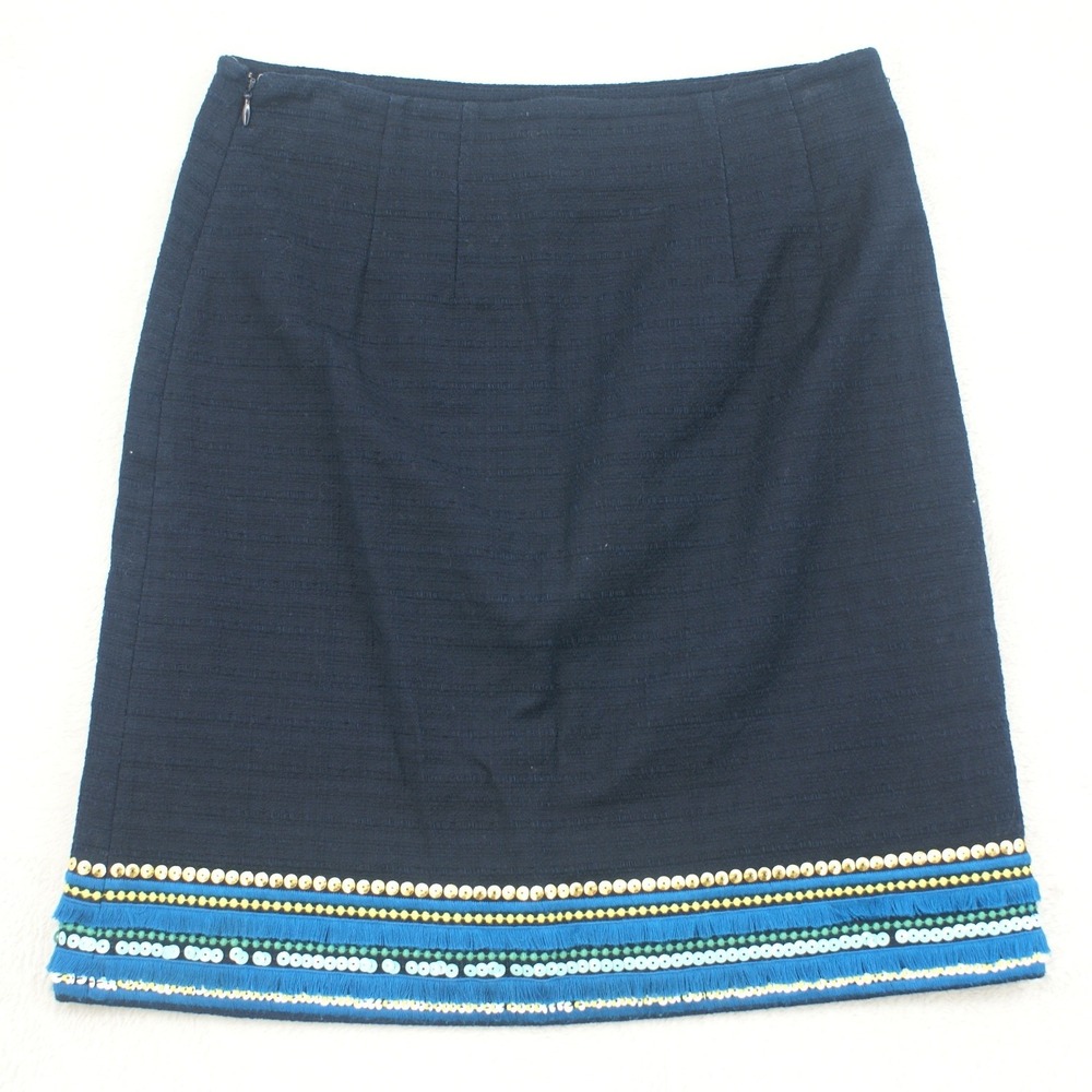 Talbots Womens Navy Blue Textured Sequin Fringe Boho Office Pencil Skirt Size 2